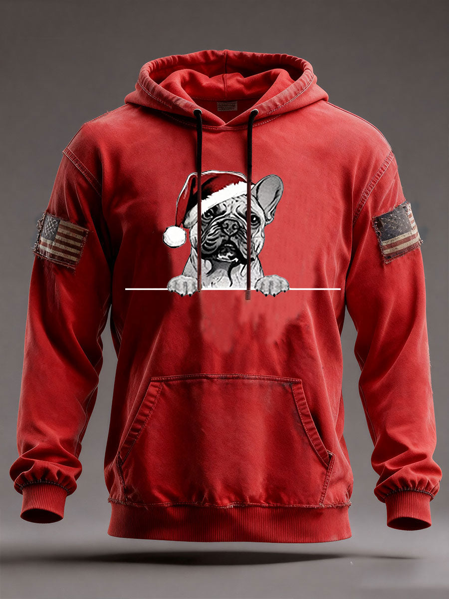 Men's Christmas Hat Pug Oversized Drop-Shoulder Hoodie With Pockets