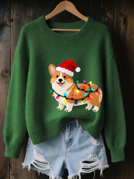 Women's Christmas Corgi Dog Felt Art Cozy Knit Sweater