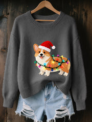 Women's Christmas Corgi Dog Felt Art Cozy Knit Sweater