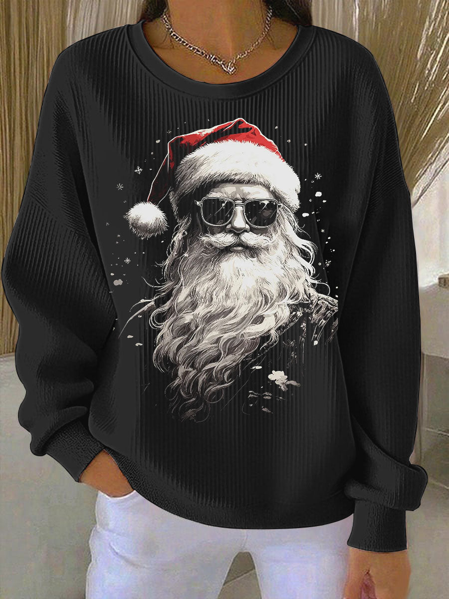 Women's Sunglasses Santa Ribbed Round-Neck Sweatshirt