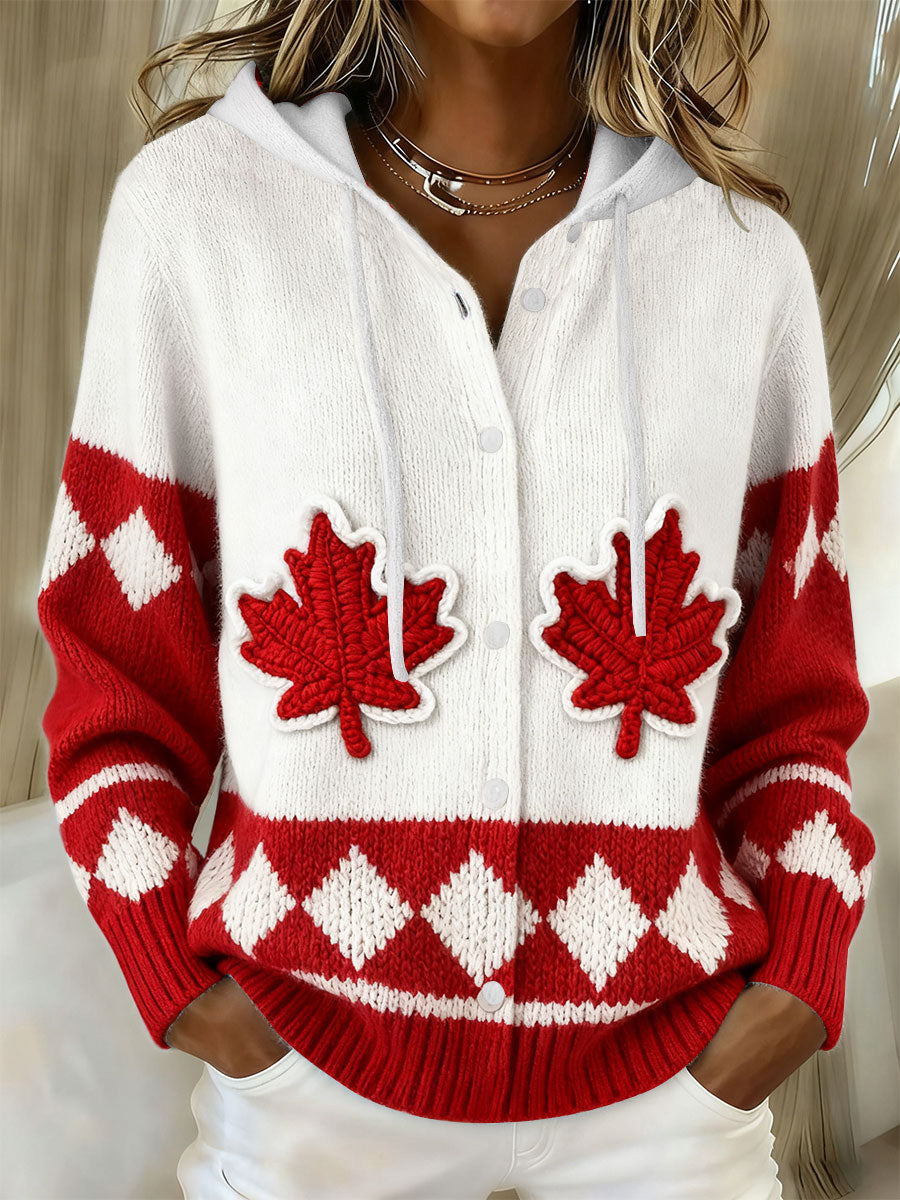 Women's Maple Leaf Knit Hooded Cardigan