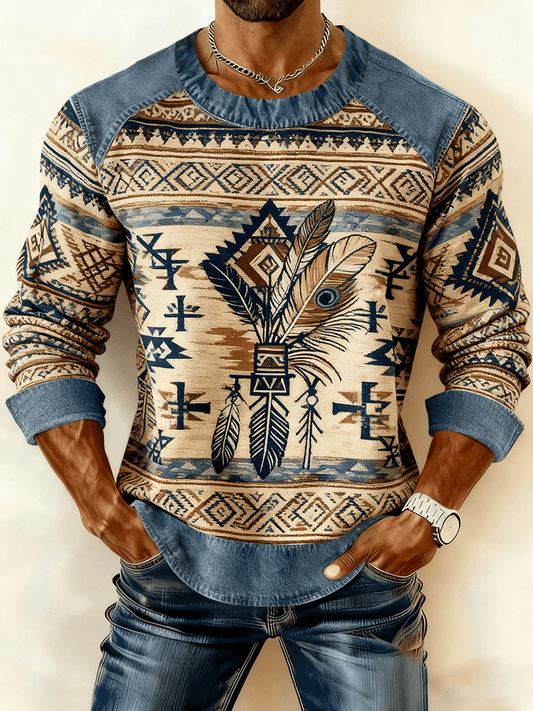 Men's Vintage Western Denim Patchwork Printed Sweatshirt