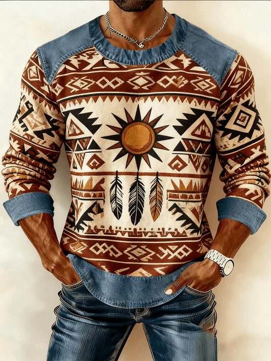 Men's Vintage Western Denim Patchwork Printed Sweatshirt