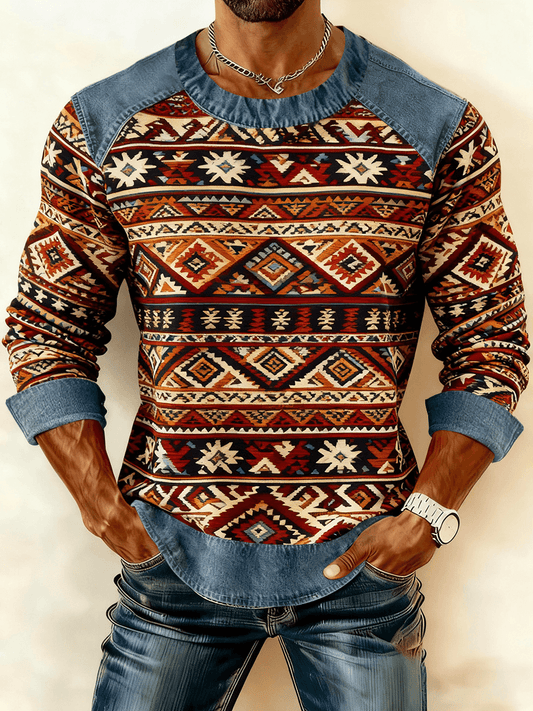 Men's Vintage Western Denim Patchwork Printed Sweatshirt