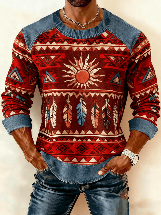 Men's Vintage Western Denim Patchwork Printed Sweatshirt
