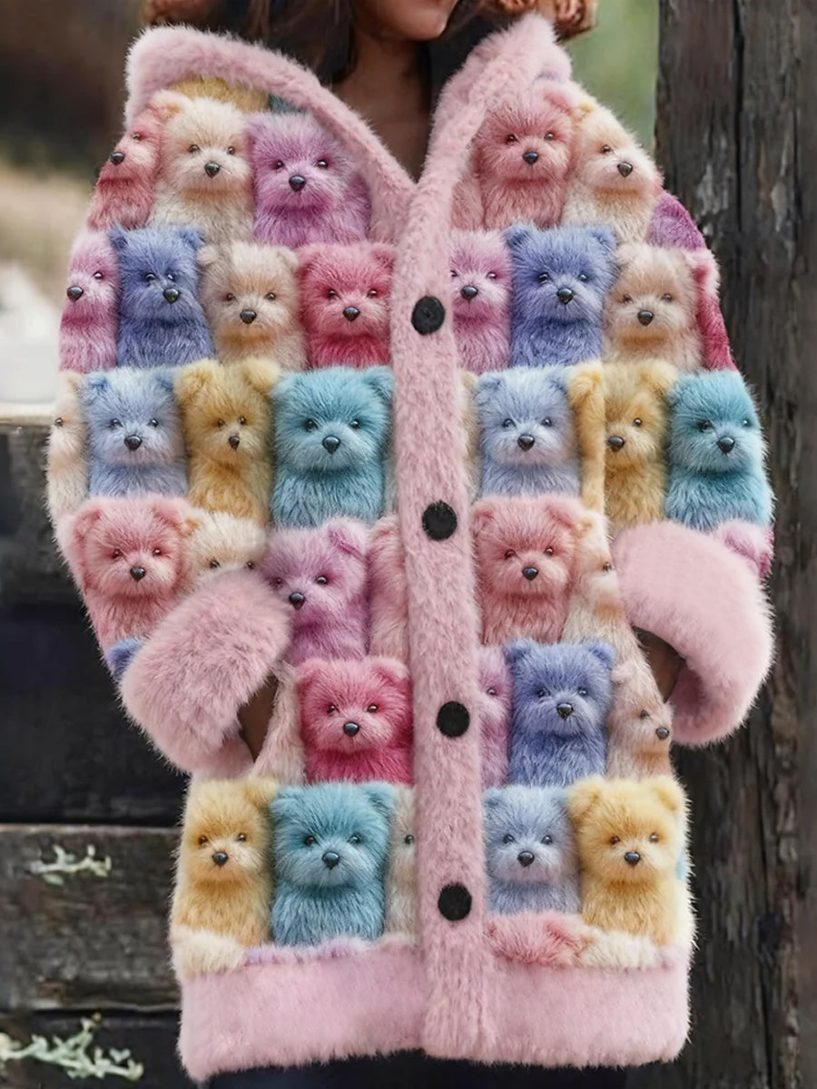Women's Cute Dog Print Casual Mid-Length Plush Hooded Coat
