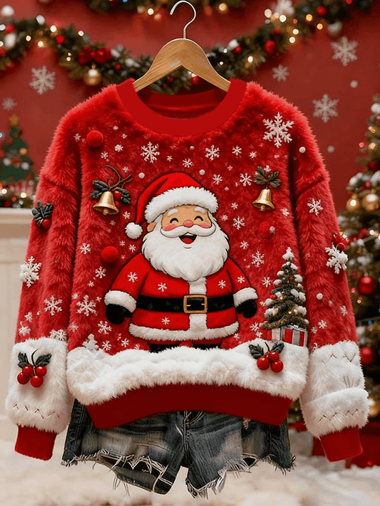 Women's Vintage Christmas Santa Claus Printed Flannel Sweatshirt