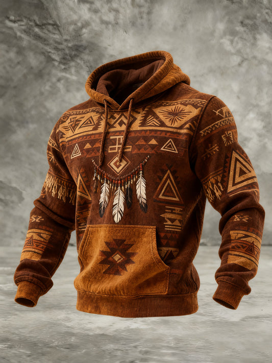 Men's Vintage Western Printed Checkered Cotton Hoodie