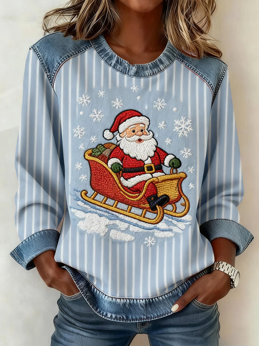 Women's Vintage Christmas Santa Claus Denim Patchwork Sweatshirt