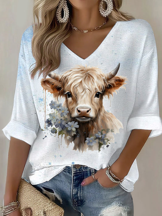 Women's Animal Highland Cow Print Casual T-shirt