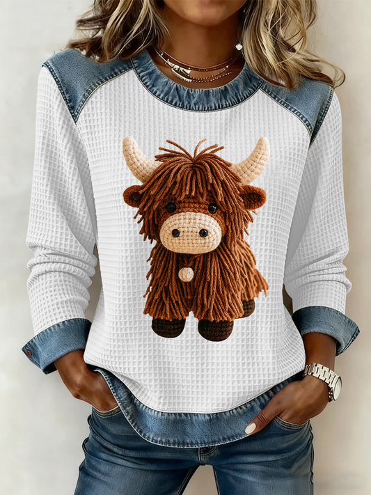 Women‘s Highland Cow Print Denim Patchwork Top