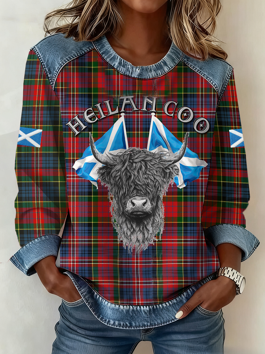 Women’s Scotland Highland Cow Print Denim Patchwork Top