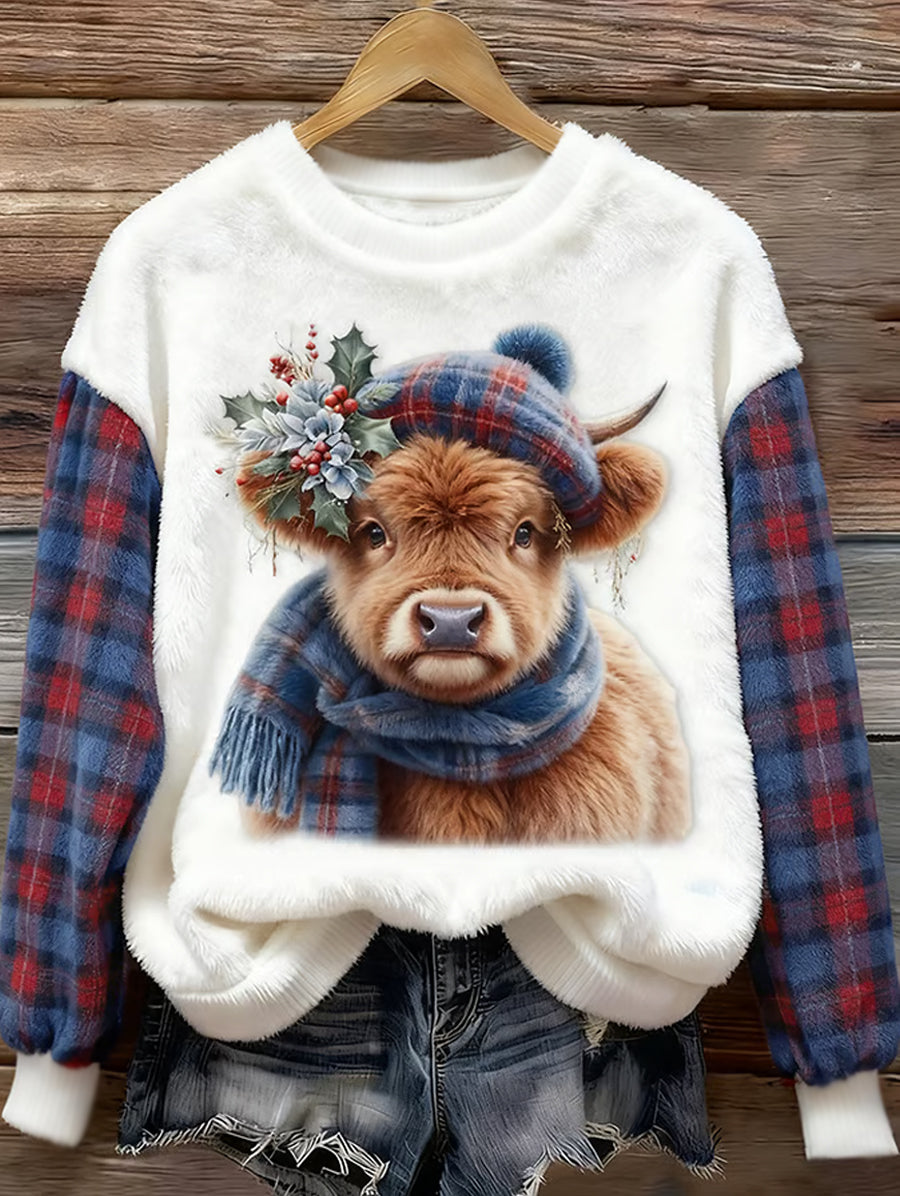 Women's Cute Highland Cow Plaid Print Casual Flannel Sweatshirt