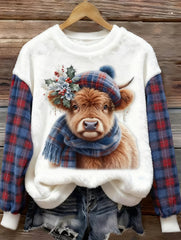 Women's Cute Highland Cow Plaid Print Casual Flannel Sweatshirt
