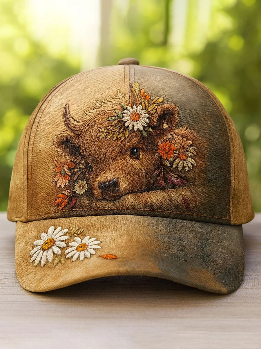 Highland cow art print casual unisex cap