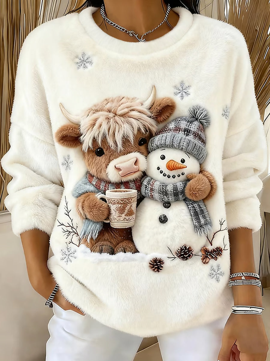 Women's Cute Highland Cow And Snowman Print Casual Flannel Sweatshirt