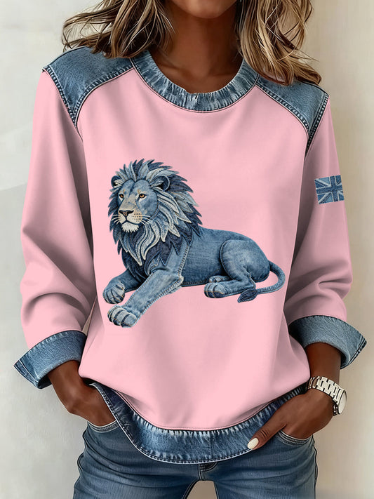 Women's British Style Denim Lion Patchwork Art Sweatshirt