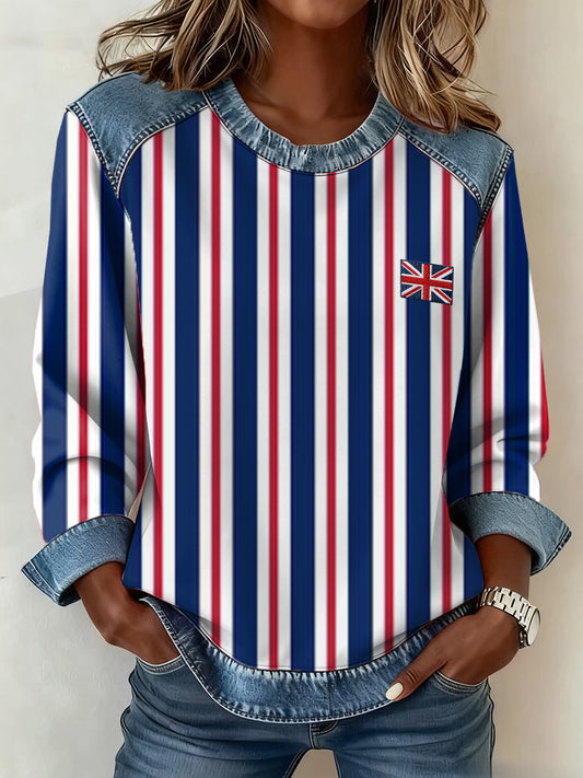Women's British Style Inspired Plaid Pattern Patchwork Art Sweatshirt