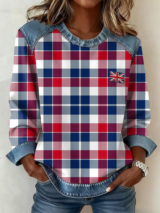 Women's British Style Inspired Plaid Pattern Patchwork Art Sweatshirt