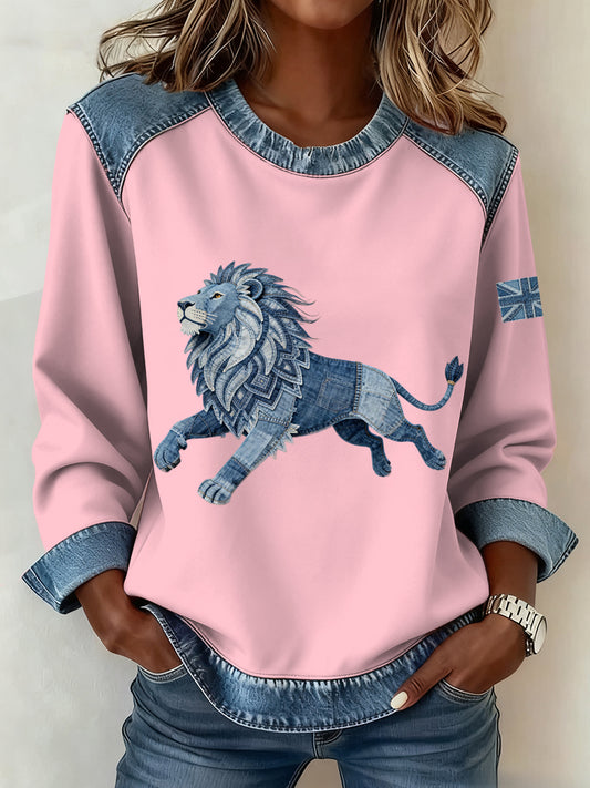Women's British Style Denim Lion Patchwork Art Sweatshirt