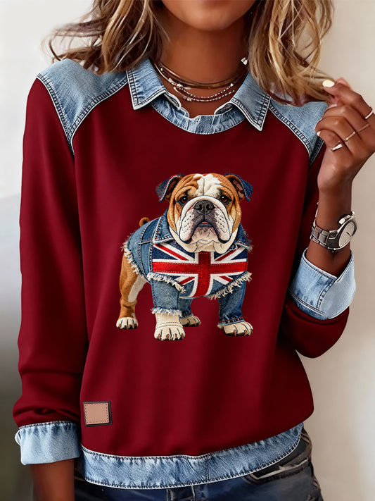 Women's British Style Bulldog Labrador Print Casual Top