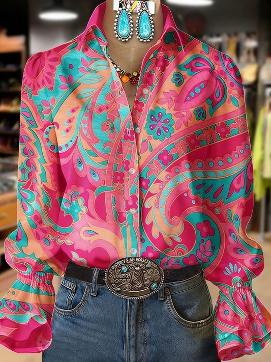 Women's Retro Plants Flowers Art Print Collared Long Sleeve Top