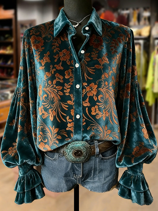 Women's Retro Plants Flowers Art Print Long Sleeve Top