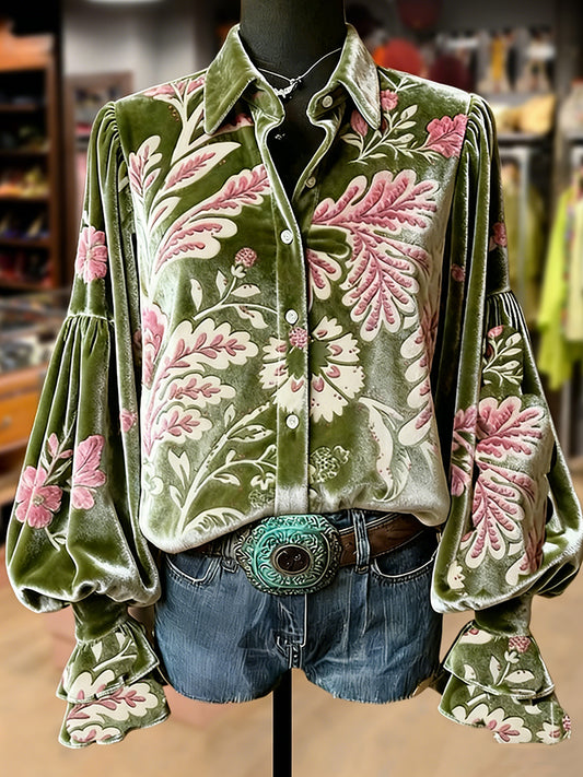 Women's Retro Plants Flowers Art Print Long Sleeve Top