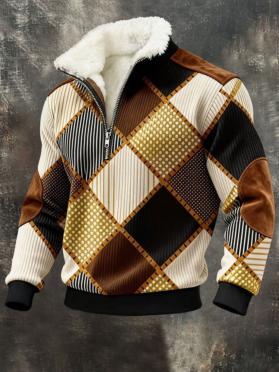 Men's Vintage Printed Plush Stand Collar Shirt