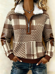Women'S Casual Color Block Printed Printed Fur Collar Zip Sweatshirt