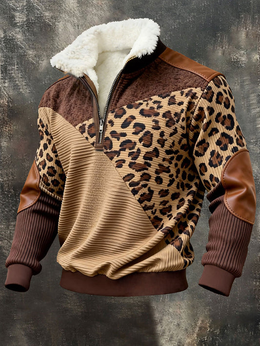 Men's Vintage Printed Plush Stand Collar Shirt