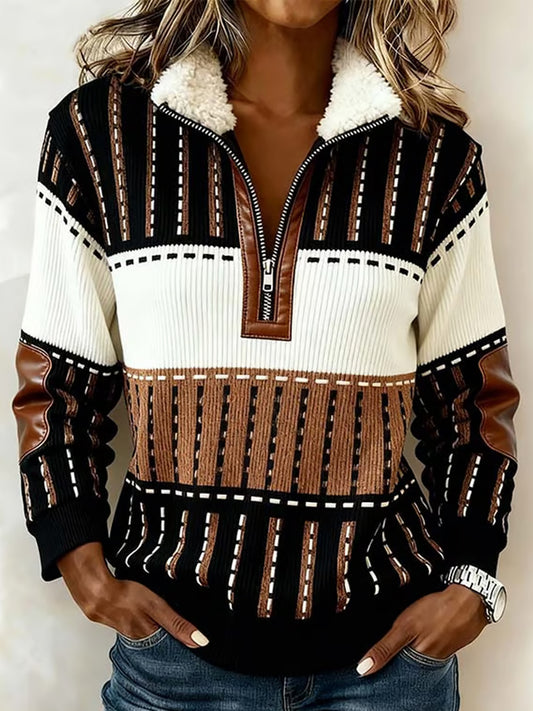 Women's Retro Western Printed Fur Collar Zip Sweatshirt