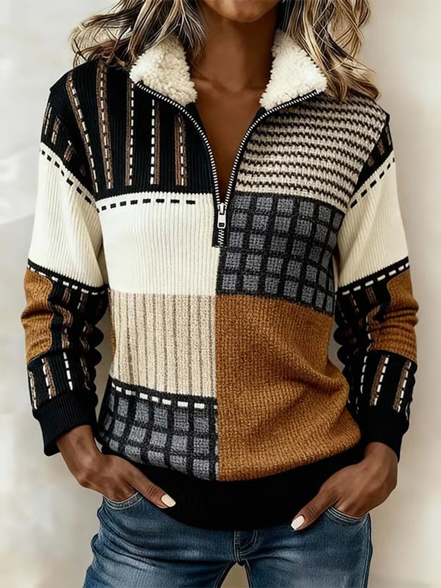 Women'S Casual Color Block Printed Printed Fur Collar Zip Sweatshirt