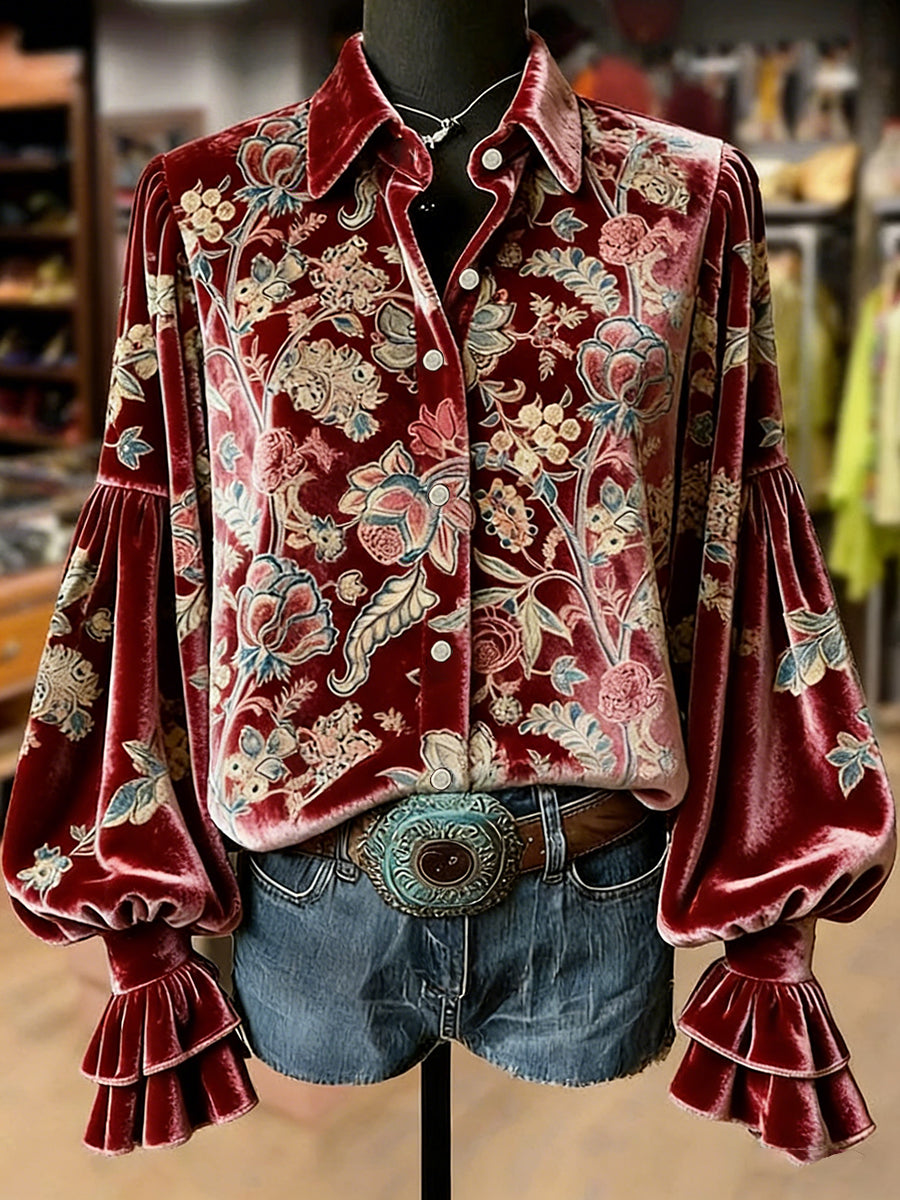 Women's Retro Plants Flowers Art Print Long Sleeve Top