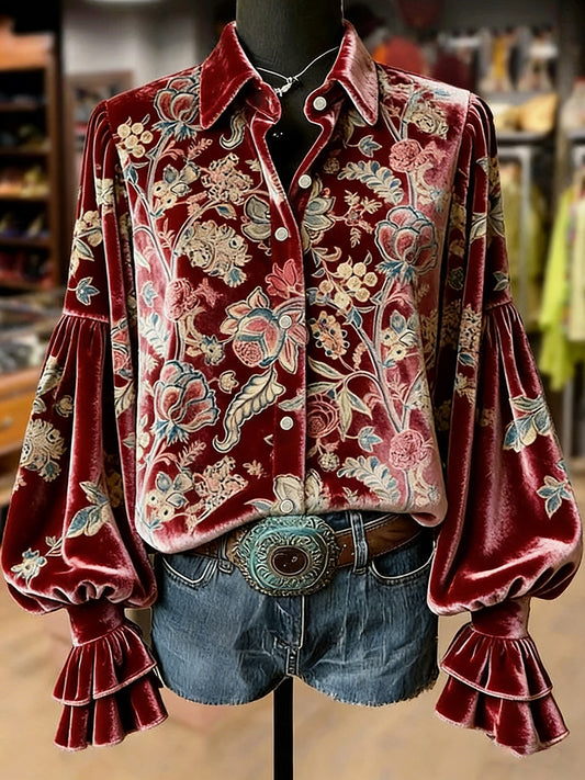 Women's Retro Plants Flowers Art Print Long Sleeve Top