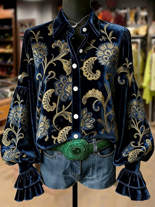 Women's Retro Plants Flowers Art Print Long Sleeve Top