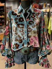 Women's Retro Plants Flowers Art Print Long Sleeve Top