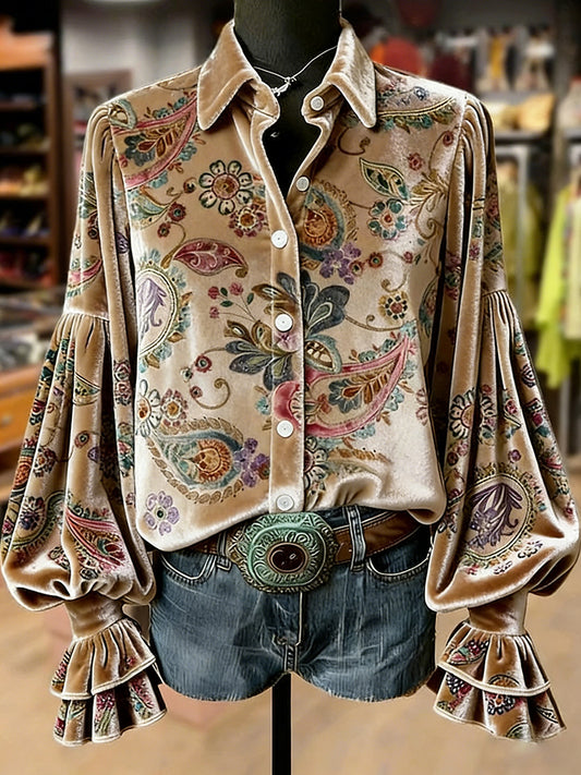 Women's Retro Plants Flowers Art Print Long Sleeve Top