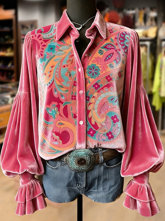 Women's Retro Plants Flowers Art Print Long Sleeve Top