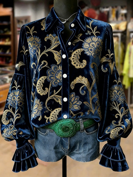 Women's Retro Plants Flowers Art Print Long Sleeve Top