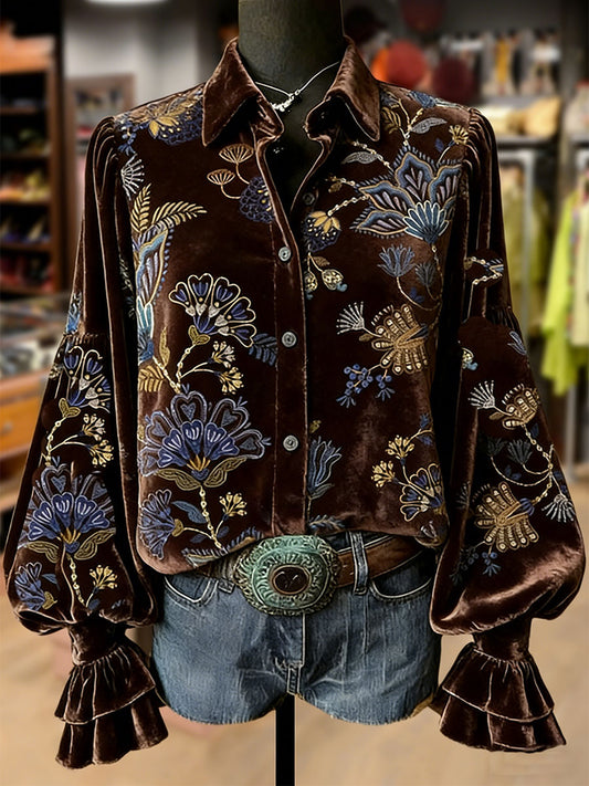 Women's Retro Plants Flowers Art Print Long Sleeve Top