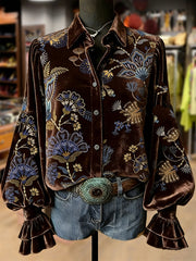 Women's Retro Plants Flowers Art Print Long Sleeve Top