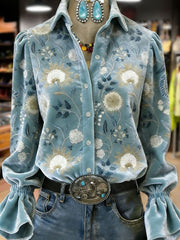 Women's Retro Plants Flowers Art Print Long Sleeve Top