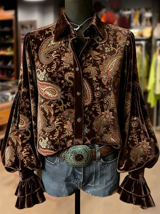 Women's Retro Plants Flowers Art Print Long Sleeve Top