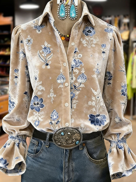 Women's Retro Plants Flowers Art Print Long Sleeve Top