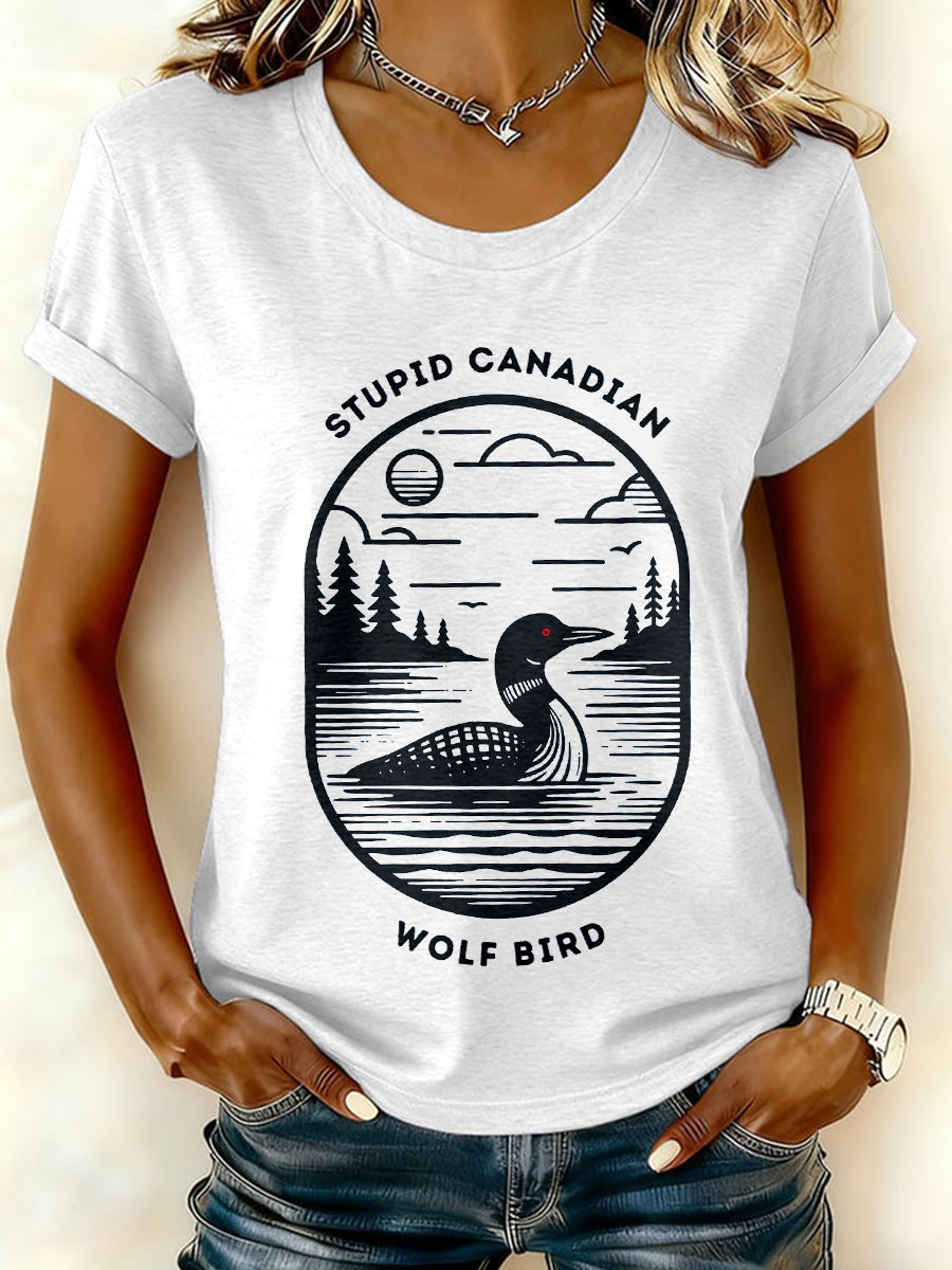 Women's Stupid Canadian Wolf Bird Print T-Shirt