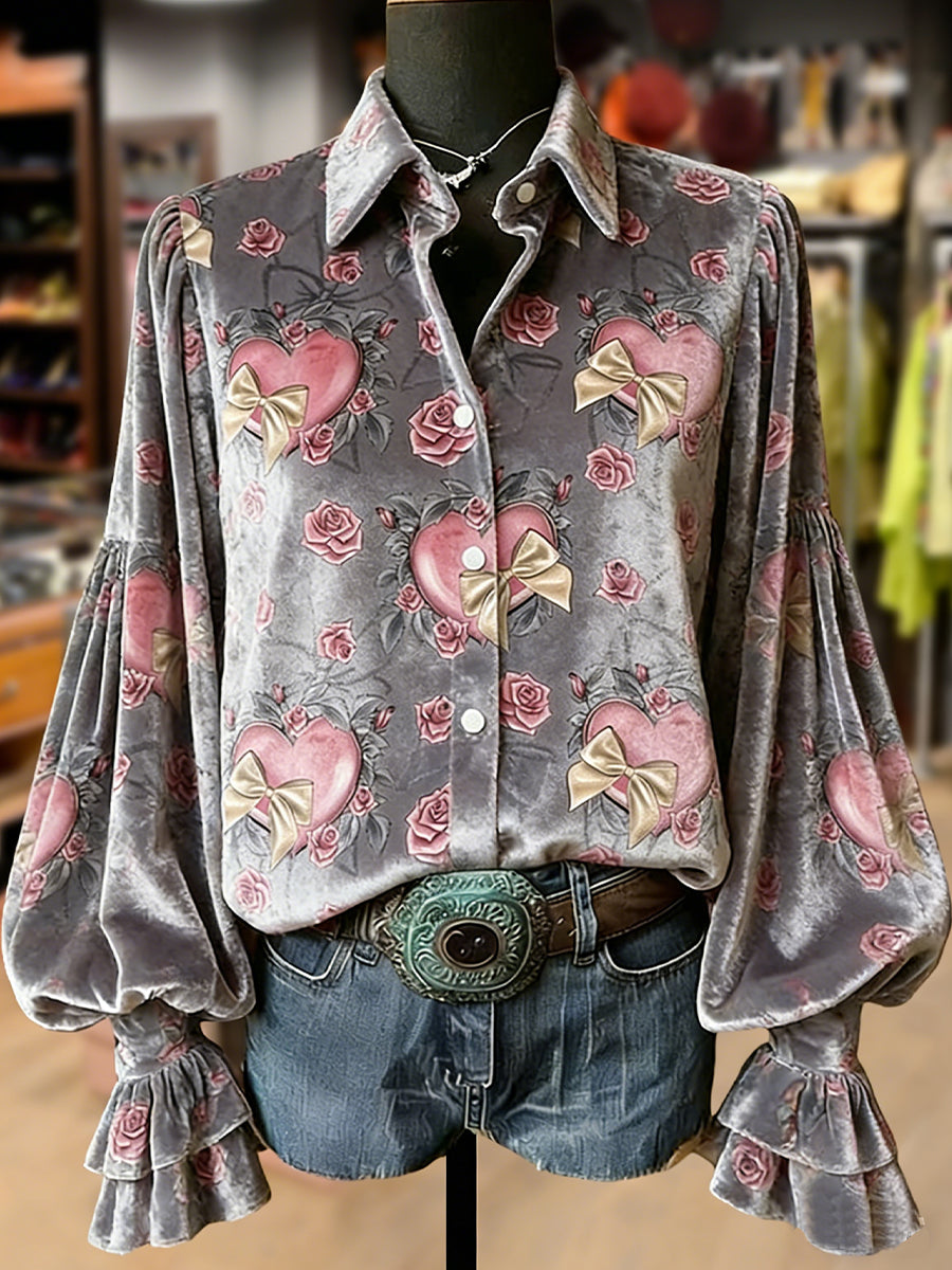 Women's Retro Plants Flowers Art Print Long Sleeve Top