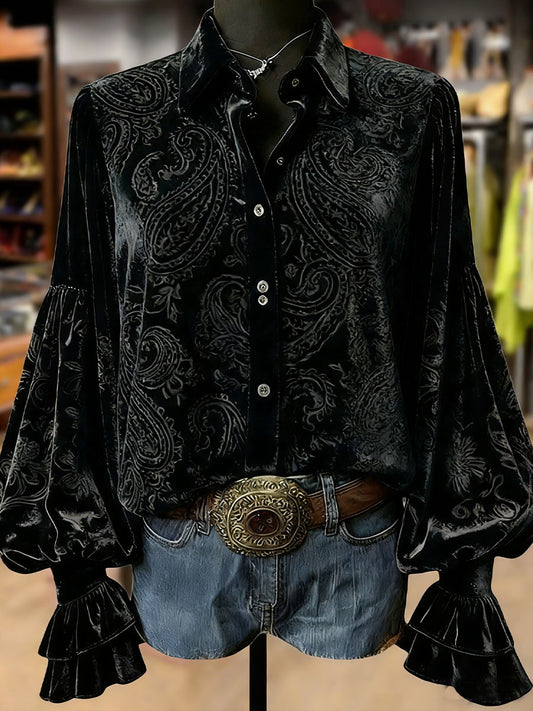 Women's Retro Plants Flowers Art Print Long Sleeve Top