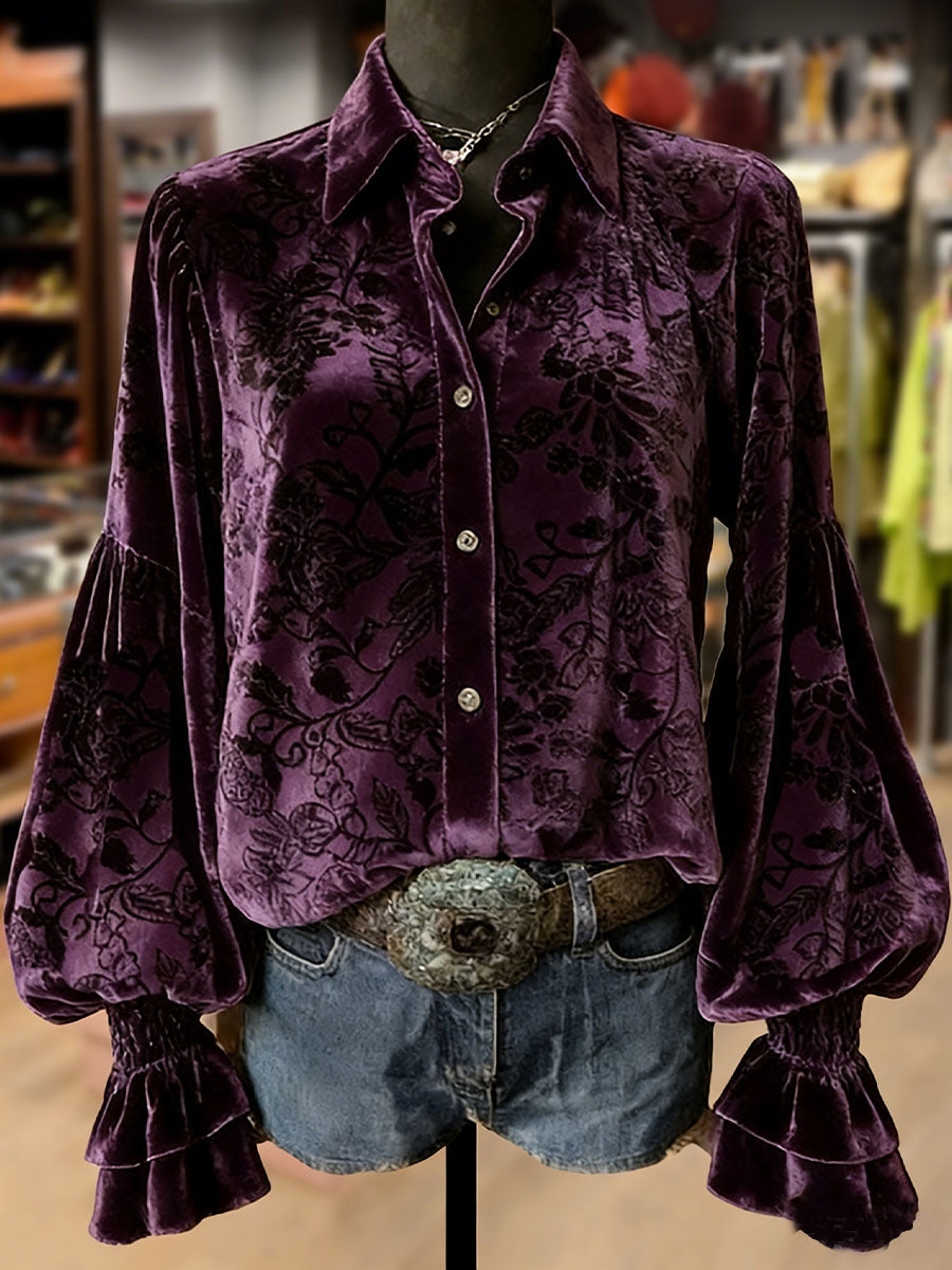 Women's Retro Plants Flowers Art Print Long Sleeve Top