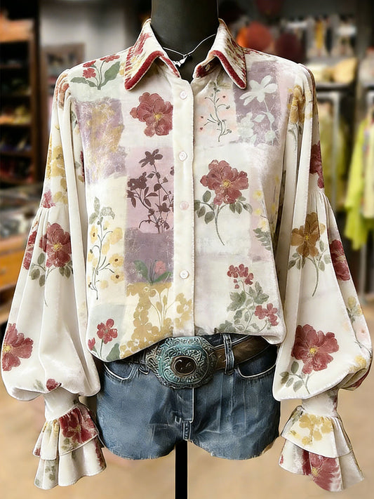 Women's Retro Plants Flowers Art Print Long Sleeve Top